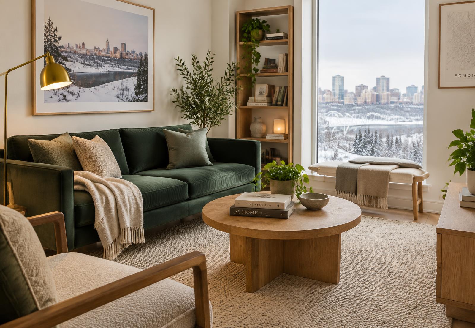 A bright furnished living room with a green sofa overlooking Edmonton's river valley in winter